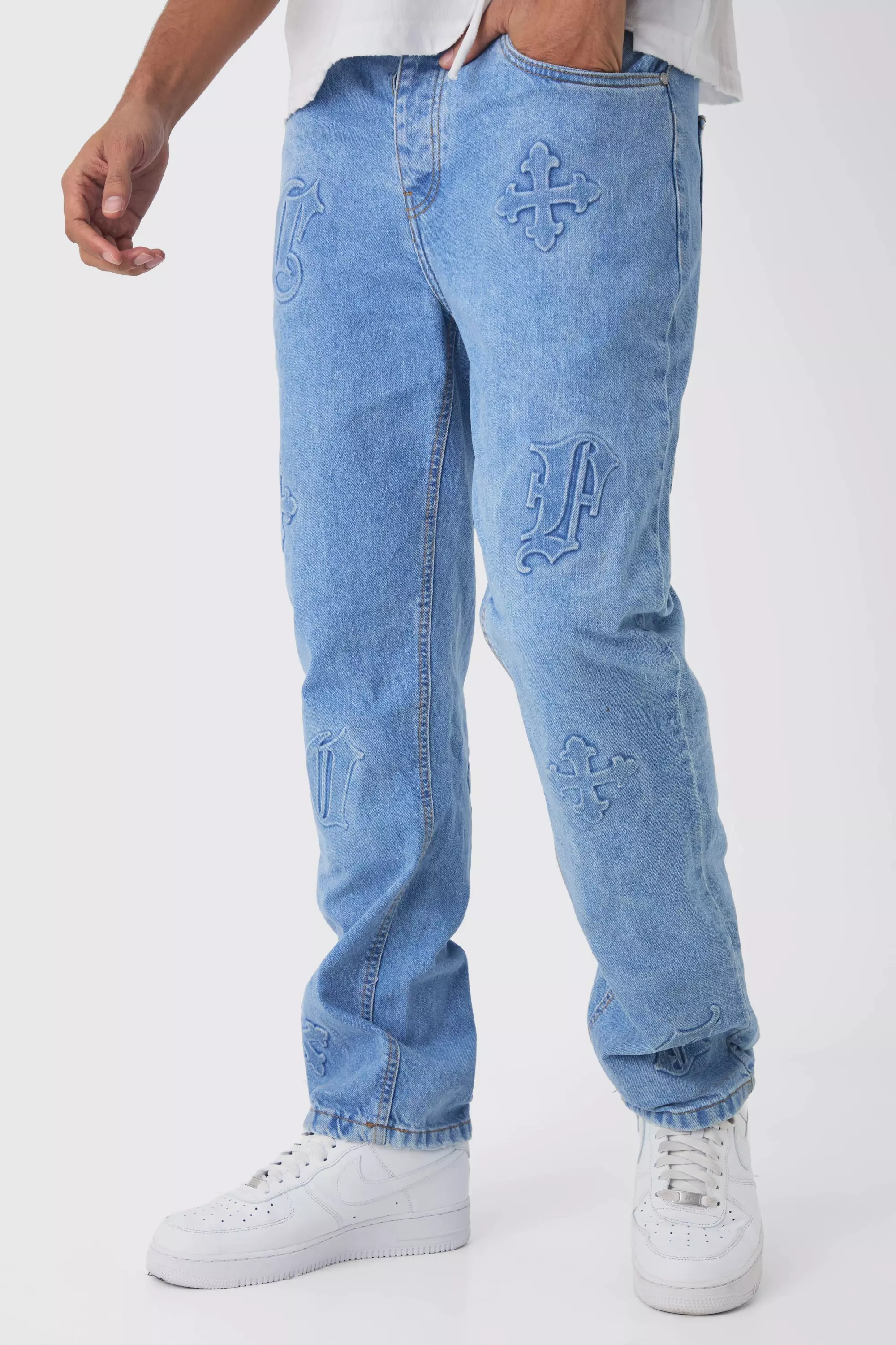 Straight Leg Cross Embossed Jeans | boohooMAN USA